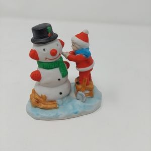 Vintage Porcelain Child Building Snowman Figurine Christmas Decor Holiday